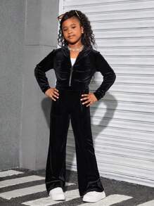 SHEIN Tween Girls' Velvet Hooded Cardigan & Pants Sporty Casual Set