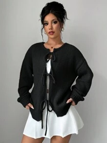 Chiquease Long Sleeve Cardigan With Tie Front Design - Black - View 3