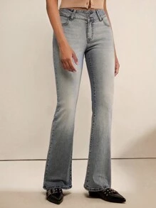 Forever 21 女式前扣多口袋简约喇叭牛仔裤，休闲日常穿着 - 藍色 - 查看 6