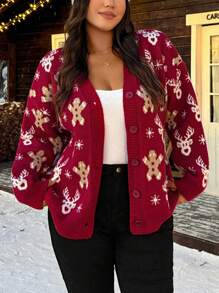 Nubod Christmas Plus Size Gingerbread Man Printed Front Button Casual Cardigan, Winter - Multicolor - View 1