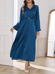 Mulvari Women's Elegant Raglan Sleeve Pleated Dress, Fall - Blue - View 3