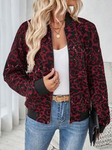 SHEIN LUNE Áo khoác bóng chày họa tiết da báo dành cho nữ cho ngày trở lại trường/ngày thể thao, mùa thu đông - Màu Đỏ Sâu - Xem 3