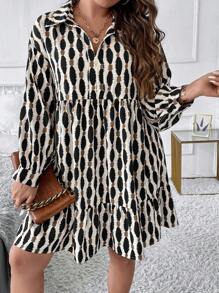 SHEIN LUNE Plus Size Casual Daily Ruffled Hem Loose Allover Print Dress, Autumn Thanksgiving Outfit Holiday Outfit Holiday Party Dress Plus