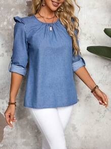Women's Casual Denim Shirt With Back Button Detail, Autumn