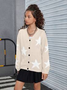 SHEIN Tween Girls' Casual Five-Pointed Star Pattern Drop Shoulder Long Sleeve Cardigan For Fall/Winter - Khaki - View 3