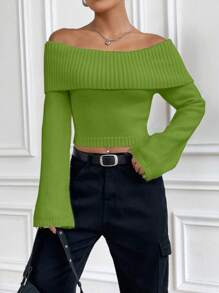 Flirla Off-Shoulder Casual Versatile Knit Sweater, Autumn/Winter Knit Pullover Fall - Green - View 4