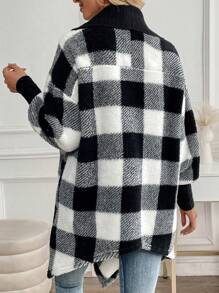 SHEIN LUNE Áo khoác đơn giản thường ngày tay dài trơn chắp vá - Đen và trắng - Xem 2