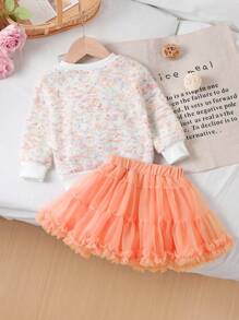 SHEIN Conjunto de suéter com estampa de coração e saia em camadas de malha para bebê menina