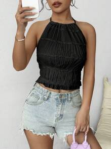 Breezaya Top sin espalda sólido con cuello halter - Negro - Ver 7