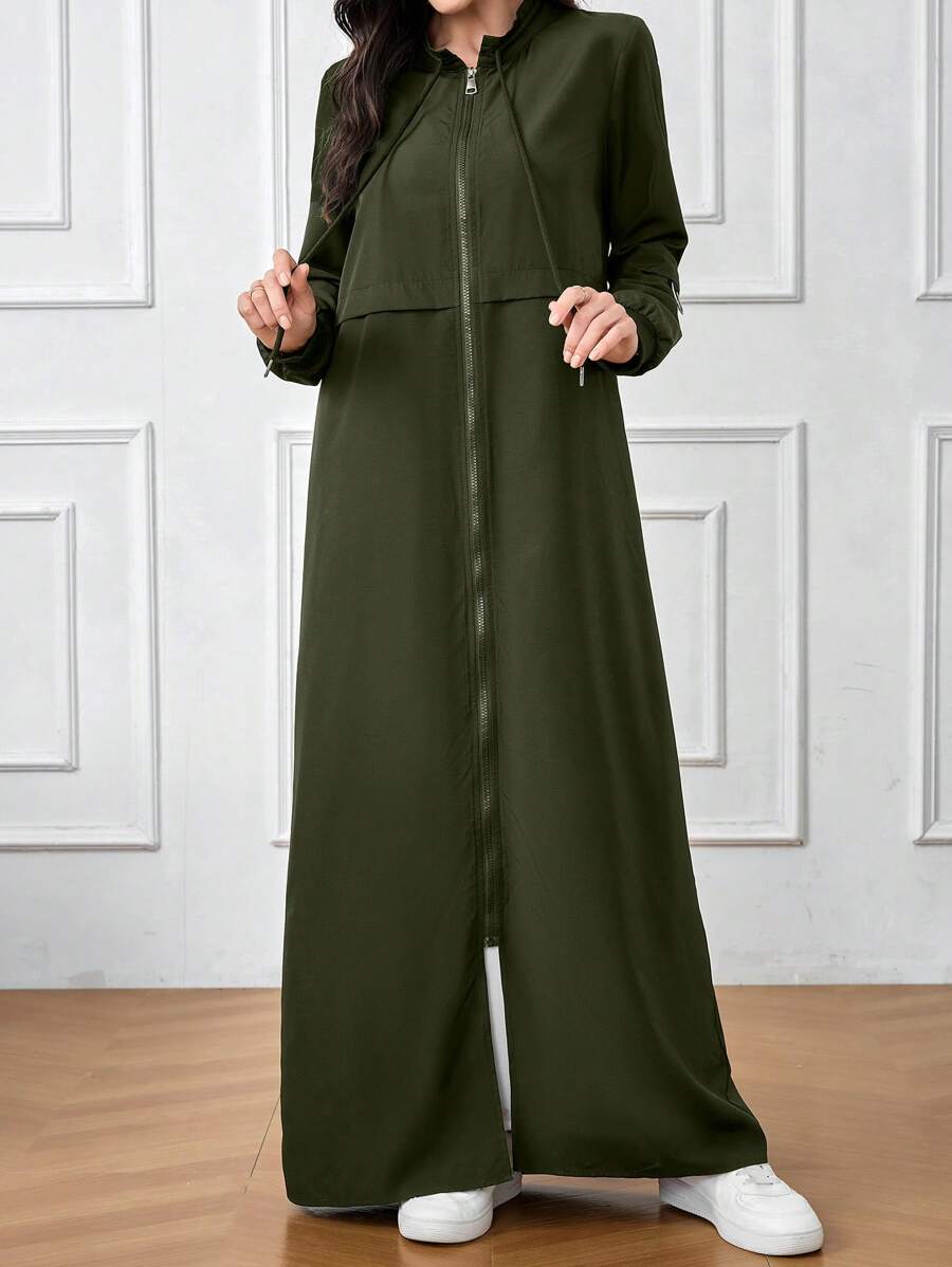 Al Najma 女士时尚端庄优雅迷人长袖拉链长袍，休闲运动立领前拉链闭合长袍，适合日常休闲/工作/返校 - 軍綠色 - 查看 1