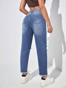 SHEIN EZwear Quần Jeans Mom Fit cạp cao rách mùa hè cho nữ - Rửa trung bình - Xem 2