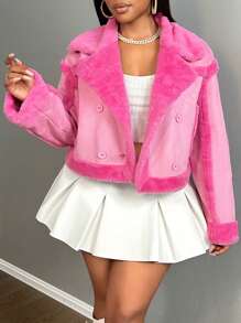 Women Faux Fur Coats - Hot Pink - View 5