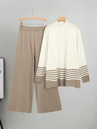 Linhara Plus Size Striped Print Stand Collar Long Sleeve Top And Solid Color Pants Casual Sweater Set, For Winter Fall Cloth For Women Autumn