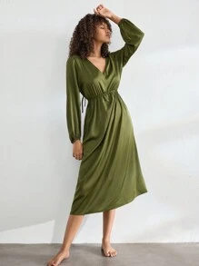 Ocili Leisure Silky Soft Satin Spaghetti Strap Long Sleeve Maxi Nightgown - Green - View 6