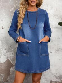 SHEIN LUNE 女士休闲拼布口袋羊毛牛仔连衣裙加厚牛仔布 - 藍色 - 查看 6