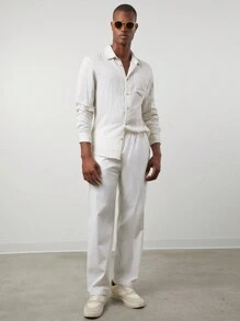 Manfinity VCAY 男士编织条纹翻领长袖休闲衬衫，适合秋季 - 白色 - 查看 4