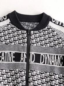 SHEIN 2 件套女孩年轻女孩时尚休闲运动字母图案拉链开衫毛衣和罗纹裙套装，秋季 - 黑色 - 查看 4