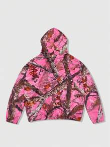 ROMWE MEN Street Life Men's Fashionable Tree Branch Print Hooded Sweatshirt, Fall - Pink - View 2
