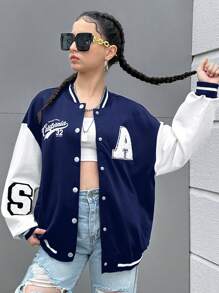 SHEIN Chaqueta informal de manga larga con estampado de parches de letras para niña adolescente