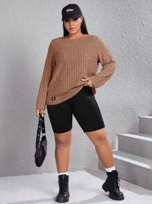SHEIN EZwear Plus Size Women's Basic Round Neck Knit T-Shirt - Camel - View 4