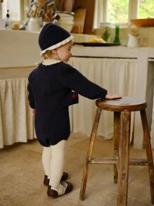 SHEIN 3 件套女婴樱桃图案柔软针织毛衣、紧身衣和无檐小便帽套装，适合休闲、外出、旅行、度假、居家和育儿场合 - 寶藍色 - 查看 2