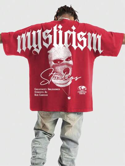 Street Life Men's Summer Slogan Face Mask And Character Print Round Neck Short Sleeve Casual T-Shirt, School