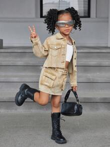 SHEIN 2 件套年轻女孩卡其色牛仔领长袖夹克