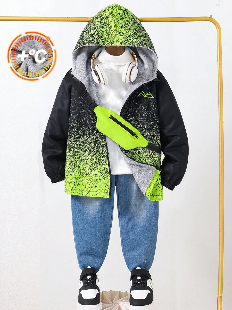 SHEIN Leap Crew 2 件 Tween Boy 休闲运动印花热衬里厚拉链夹克和斜挎包套装,适合学校、花园、海滩、生日、春夏秋冬季 - 彩色 - 查看 1