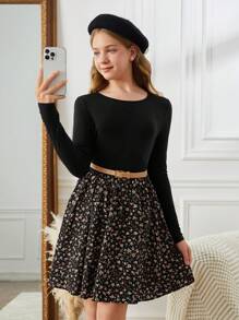 SHEIN Leap Crew Vestido de manga larga con cuello redondo de punto estampado de flores en patchwork informal para adolescentes, para vacaciones, calle, vestido negro - Negro - Ver 5
