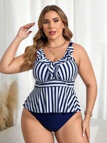Swim Lushoire 大码条纹荷叶边分体泳衣，夏季海滩 - 彩色 - 查看 3