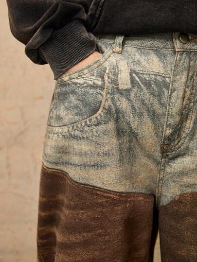 Grunge Punk Jeans décontracté ample et ample à jambes larges avec couleur contrastée pour hommes