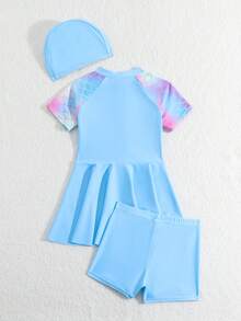 3 件套年轻女孩专业美人鱼泳衣套装，防紫外线防暴露泳衣 - 藍色 - 查看 2