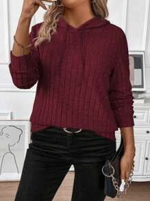 INAWLY Plus Size Women's Burgundy Hooded Wool Rib Fabric Casual Sports Long Sleeve Shirt, Soft Knit, Fall/Winter