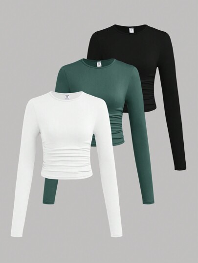 SHEIN 3pcs/Set Tween Girls' Solid Color Round Neck Ruched Long Sleeve T-Shirt Base Layering Top Set, Fall Winter
