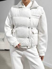 SHEIN Essnce Chaqueta acolchada con cuello alto para mujer, chaleco acolchado grueso y cálido suelto, abrigo blanco para mujer, chaqueta de invierno para mujer, vestido de invierno para mujer, blusas para salir, ropa de otoño, cortavientos chaqueta para mujer - Beis - Ver 6