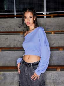 SHEIN Sports Women Solid Color Asymmetric Collar Long Sleeve Everyday Fitness Cropped Sweatshirtwinter Women Tops,Women's Fall & Winter Outdoor T-Shirt - Blue - View 3