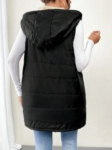 SHEIN LUNE Chaleco con capucha con cremallera y forrado cálido de talla grande con bolsillos en diagonal, ropa de otoño/invierno