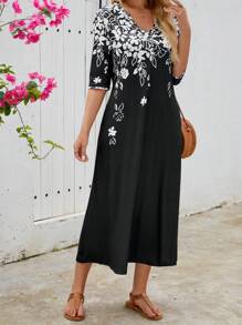 SHEIN LUNE 女士花卉印花 V 领 3/4 袖口袋休闲中长连衣裙 - 彩色 - 查看 6