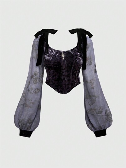 Fairycore Blouse vintage à manches en forme de lanterne en velours prune avec pendentif croisé, nœud papillon et rose florale, pour automne et hiver