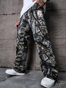 Manfinity EMRG 男士花卉印花工装口袋宽腿宽松休闲牛仔裤 - 彩色 - 查看 6