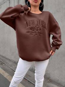 Sudadera con capucha de algodón con bordado de letras, hombros caídos y forro térmico