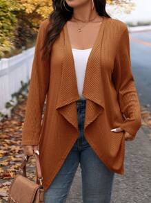 SHEIN LUNE 大码冬季时尚不对称领口设计长款针织开衫，适合外出和工作