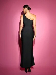 Glamrae Elegant Black One Shoulder Sleeveless White Three-Dimensional Floral High Waist Skirt Mermaid Design Body Shaping Bandage Formal Evening Dress, Prom Gown, For Wedding Guest, Graduation, Dinner