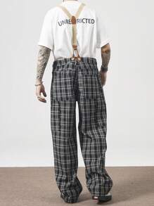 Manfinity Roghcode Men's Plaid Print Casual Denim Bib And Brace Overalls With Pockets