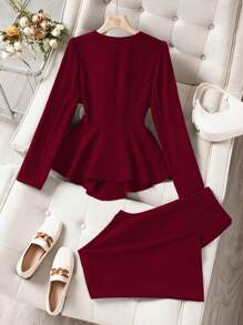 Franclia 2pcs Set: Elegant Solid Color Blazer With Ruffle Hem & Flare Leg Pants, Casual Business Attire Fall Cloth For Women - Burgundy - View 2