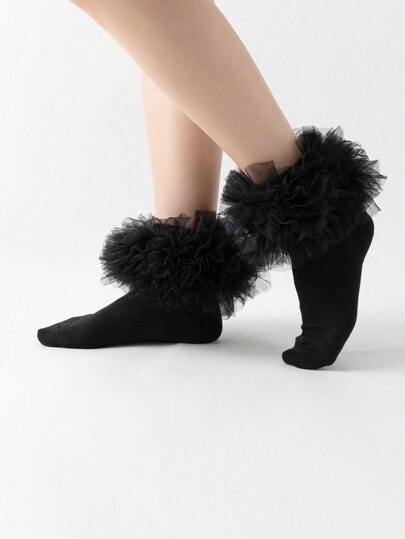 Kawaii Women Mesh Contrast Ruffle Hem Knee High Socks