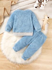 SHEIN Bộ đồ dài tay lót nhiệt thiết kế hình chú gấu dễ thương cho bé trai, mùa thu đông - Màu xanh nhạt - Xem 2