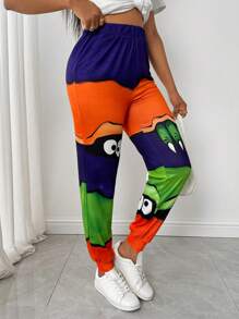 SHEIN LUNE Quần ống rộng cạp chun họa tiết hoạt hình nhiều màu sắc thường ngày cho nữ - Nhiều màu - Xem 3