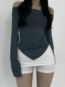 DAZY Women's Solid Off-Shoulder Long Sleeve Minimalist T-Shirt, Casual Daily Wear