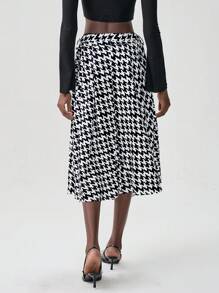 SHEIN Unity Vintage Autumn Daily Wear Fold Pleated Houndstooth Print A-Line Skirt - Black - View 2